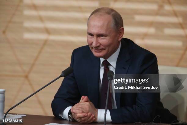 Russian President Vladimir Putin looks on during his annual press conference on December 19, 2019 in Moscow, Russia. About 1500 journalists and...