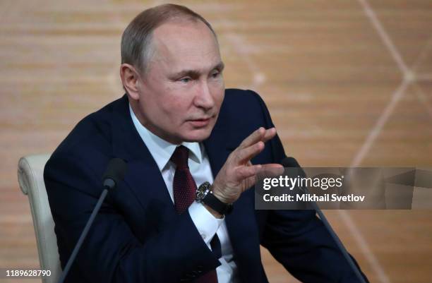 Russian President Vladimir Putin speaks during his annual press conference on December 19, 2019 in Moscow, Russia. About 1500 journalists and...