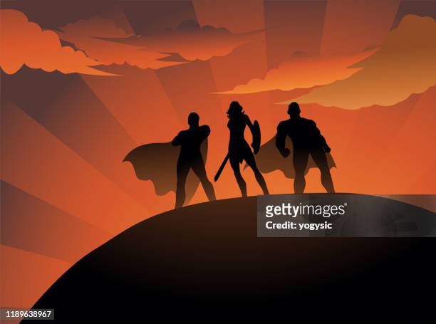 ilustrações de stock, clip art, desenhos animados e ícones de vector superhero trio silhouette illustration - three people