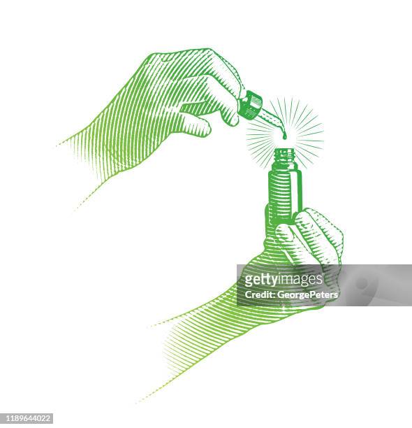 woman's hands using cbd oil bottle and pipette - cannabis oil stock illustrations