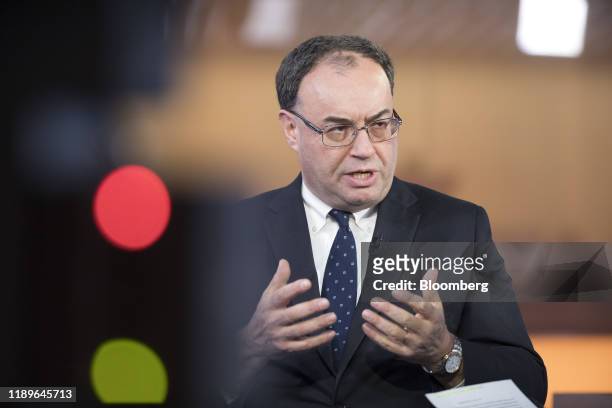 Andrew Bailey, chief executive officer of Financial Conduct Authority , gestures while speaking during a Bloomberg Television interview in London,...