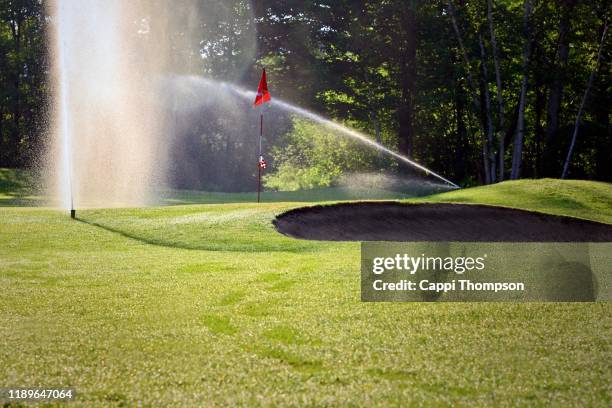 irrigation sprinklers watering golf course putting green - golf course sprinklers stock pictures, royalty-free photos & images