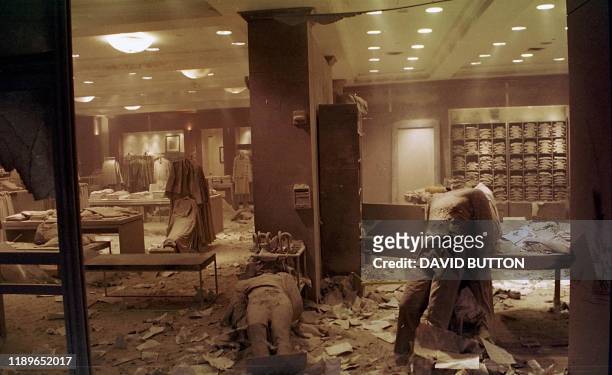 This photo taken on September 11, 2001 shows mannequins on the floor of the Brooks Brothers' shop in New York near the World Trade Center after the...