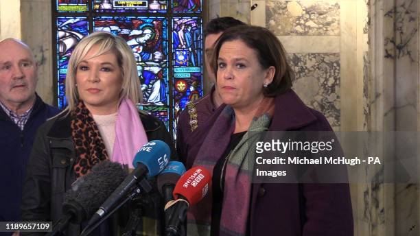 Sinn Fein's Michelle O'Neill and president Mary Lou McDonald speaking to the media at Belfast City Hall.