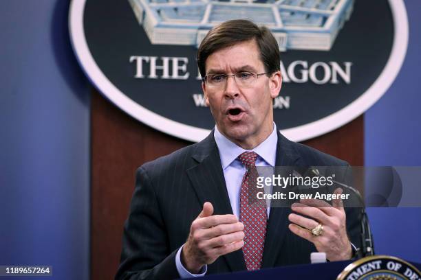 Secretary of Defense Mark Esper holds an end of year press conference at the Pentagon on December 20, 2019 in Arlington, Virginia. Esper and Milley...