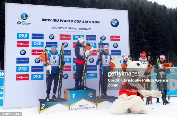 Tiril Eckhoff of Norway takes 1st place, Justine Braisaz of France takes 2nd place, Marketa Davidova of Czech Republic takes joint 3rd place during...