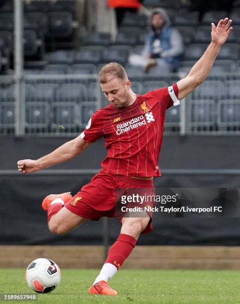 Herbie Kane of Liverpool in action during the Premier League International Cup game at the Kirkby Academy on December 20, 2019 in Liverpool, England.