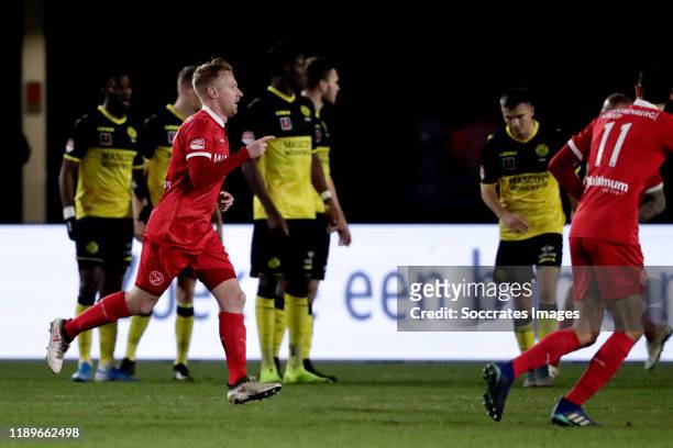 Youri Loen of Almere City FC celebrates 1-0 during the Dutch Keuken Kampioen Divisie match between Almere City v Roda JC at the Yanmar Stadium on...
