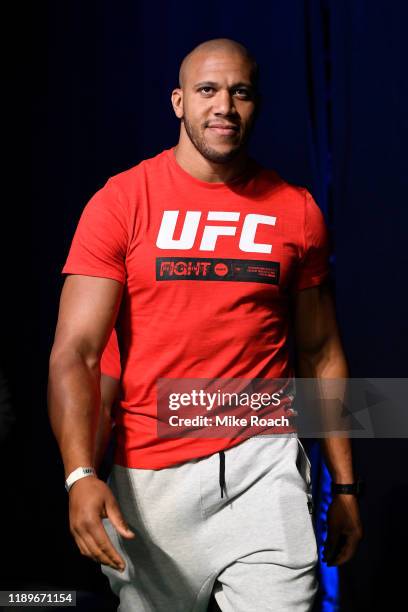 Ciryl Gane of France walks on stage during the UFC fight night weigh-in at Sajik Arena on December 20, 2019 in Busan, South Korea.