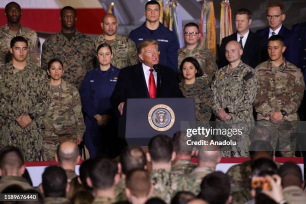 President Donald Trump makes a speech as he attends a signing ceremony at Joint Base Andrews, in Maryland, United States on December 20, 2019. U.S....