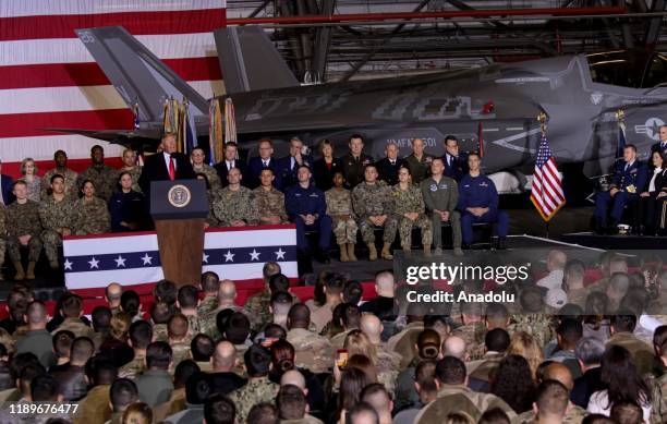 President Donald Trump makes a speech as he attends a signing ceremony at Joint Base Andrews, in Maryland, United States on December 20, 2019. U.S....