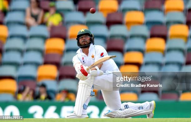 Yasir Shah of Pakistan plays a shot during day four of the 1st Domain Test between Australia and Pakistan at The Gabba on November 24, 2019 in...