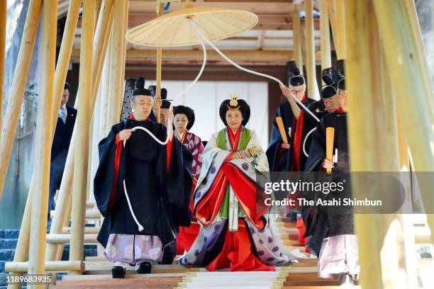 Empress Masako visits the Naiku, Inner Shrine of the Ise Shrine on November 23, 2019 in Ise, Mie, Japan. Emperor and empress visit the shrine to...