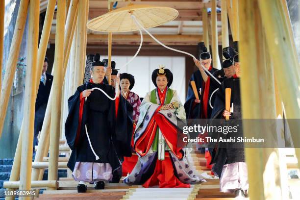 Empress Masako visits the Naiku, Inner Shrine of the Ise Shrine on November 23, 2019 in Ise, Mie, Japan. Emperor and empress visit the shrine to...