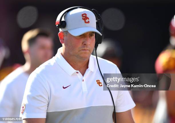 Head coach Clay Helton of the USC Trojans looks on during the game against the UCLA Bruins at the Los Angeles Memorial Coliseum on November 23, 2019...