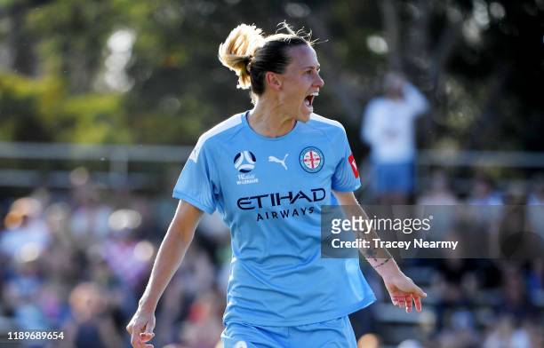 Emily van Egmond of Melbourne City FC scores a goal during the round 2 W-League match between Canberra United and Melbourne City at McKellar Park on...