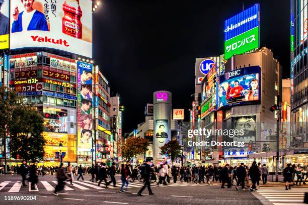 shibuya scramble crossing withilluminated of commercial advertising signs at night, shibuya, tokyo - distrito de shibuya - fotografias e filmes do acervo