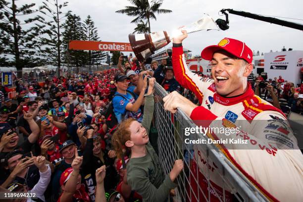 Scott McLaughlin driver of the Shell V-Power Racing Team Ford Mustang celebrates after winning thr 2019 drivers championship during the Newcastle 500...