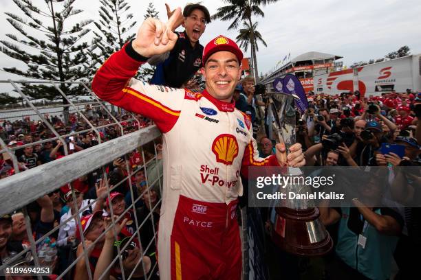 Scott McLaughlin driver of the Shell V-Power Racing Team Ford Mustang celebrates after winning thr 2019 drivers championship during the Newcastle 500...