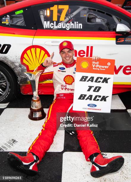 Scott McLaughlin driver of the Shell V-Power Racing Team Ford Mustang celebrates after winning thr 2019 drivers championship during the Newcastle 500...