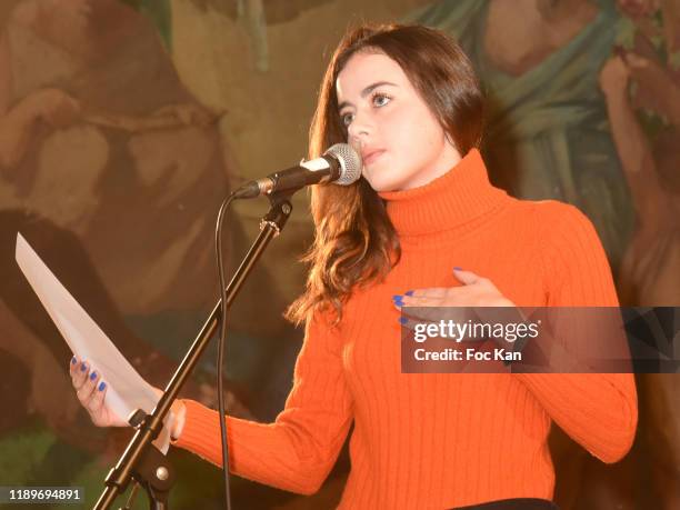 Actress : Lou Gala reads a poem during the "Poesie En Liberté": 2019 Awards Ceremony At Mairie Du 5eme on November 23, 2019 in Paris, France.