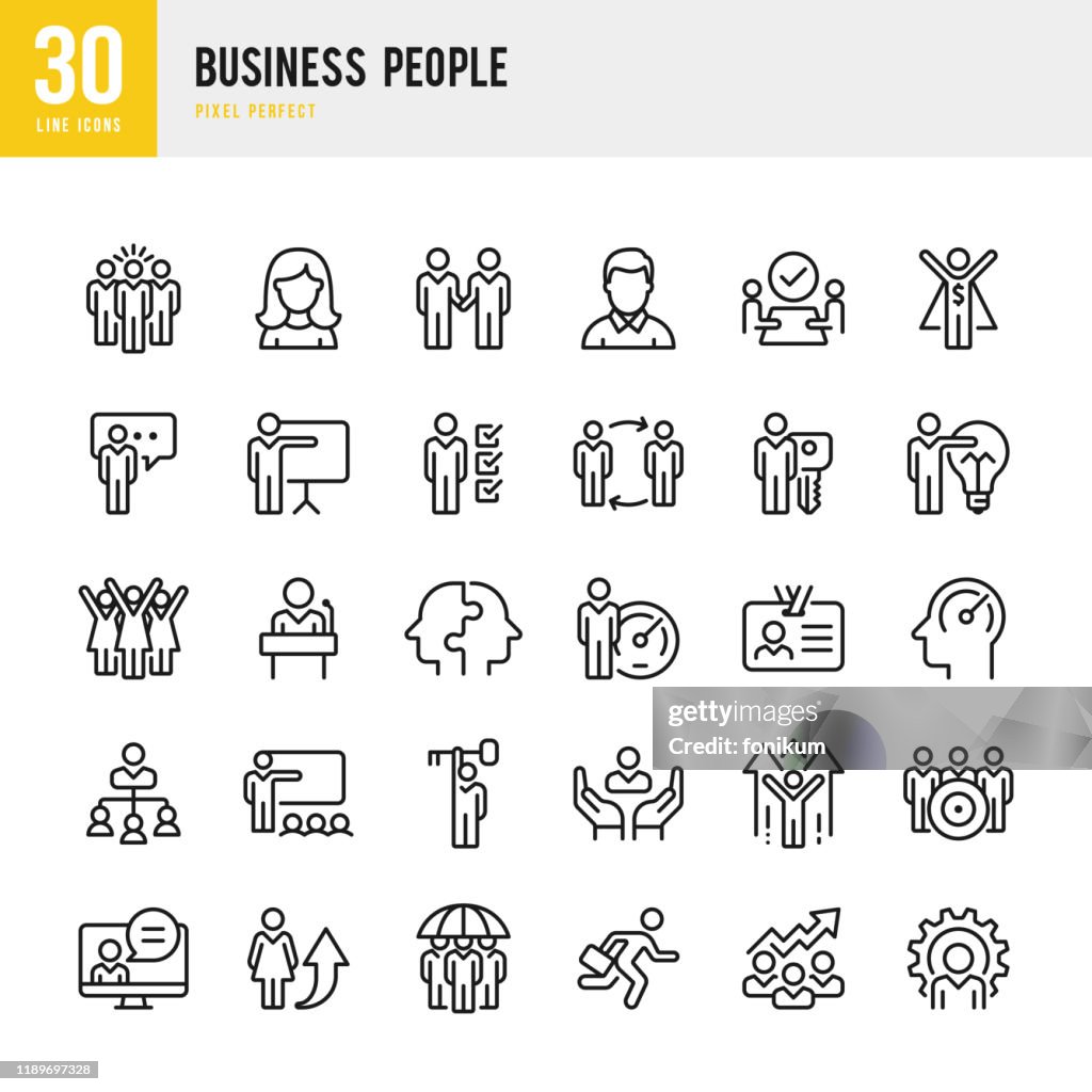 Business People - linearer Vektorsymbolsatz. Pixel perfekt. Das Set enthält Symbole wie Personen, Teamwork, Präsentation, Führung, Wachstum, Manager, Erfolg, Partnerschaft und so weiter.