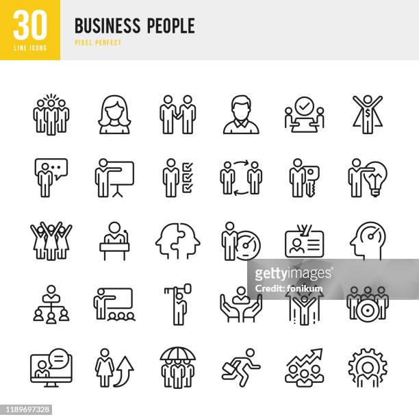 ilustraciones, imágenes clip art, dibujos animados e iconos de stock de business people - conjunto de iconos vectoriales lineales. píxel perfecto. el conjunto contiene iconos como personas, trabajo en equipo, presentación, liderazgo, crecimiento, gerente, correcto, asociación, etc. - women