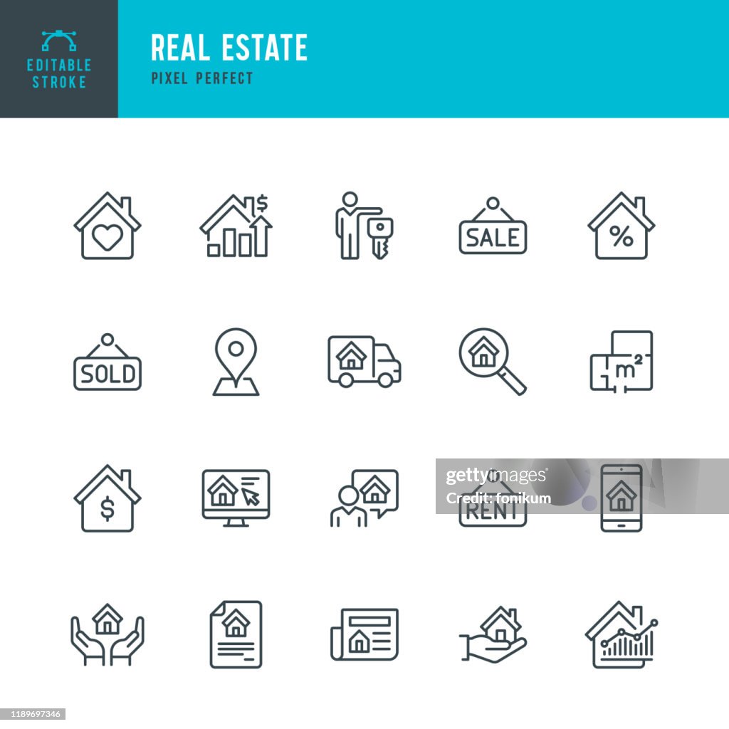 Real Estate - thin linear vector icon set. Editable stroke. Pixel perfect. The set contains icons Real Estate Agent, Home Insurance, Sale, Rent, Location, Truck.