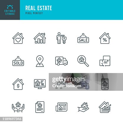 Real Estate - thin linear vector icon set. Editable stroke. Pixel perfect. The set contains icons Real Estate Agent, Home Insurance, Sale, Rent, Location, Truck. Real Estate - thin linear vector icon set. Editable stroke. Pixel perfect. The set contains icons Real Estate Agent, Home Insurance, Sale, Rent, Location, Truck.