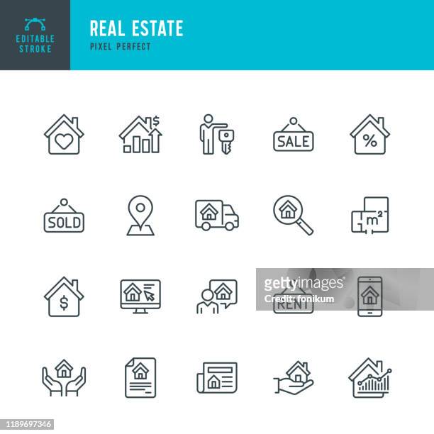 real estate - thin linear vector icon set. editable stroke. pixel perfect. the set contains icons real estate agent, home insurance, sale, rent, location, truck. - house stock illustrations