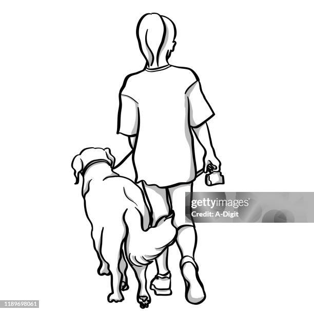 stockillustraties, clipart, cartoons en iconen met meisje lopen haar hond - golden retriever