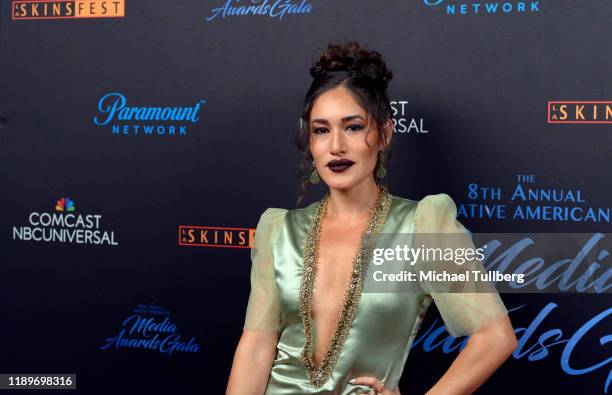 Actress Q'orianka Kilcher attends the 2019 Los Angeles Skins Fest Native American media awards gala at Hard Rock Cafe on November 23, 2019 in...