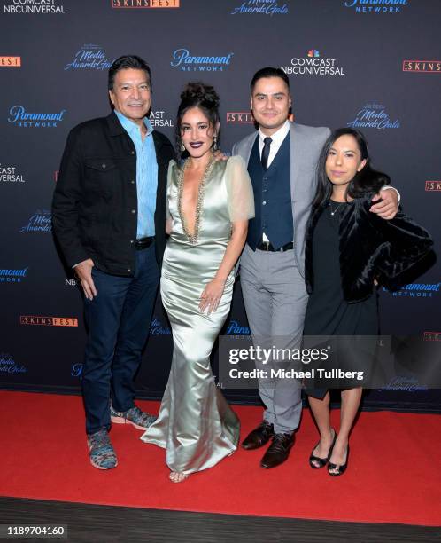 Actors Gil Birmingham, Q'orianka Kilcher, Kiowa Jordan and guest attend the 2019 Los Angeles Skins Fest Native American media awards gala at Hard...