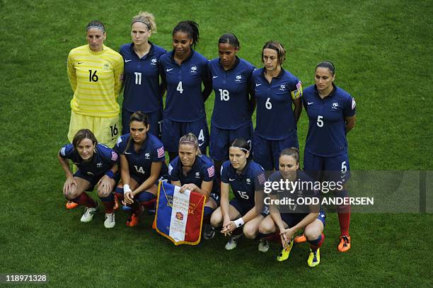 The French team France's goalkeeper Berangere Sapowicz, France's defender Laure Lepailleur, France's defender Laura Georges, France's striker...