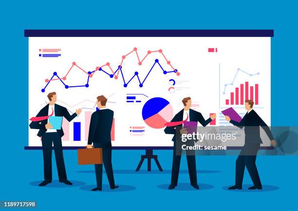 businessman analyzing business data report of dashboard - person presenting data stock illustrations