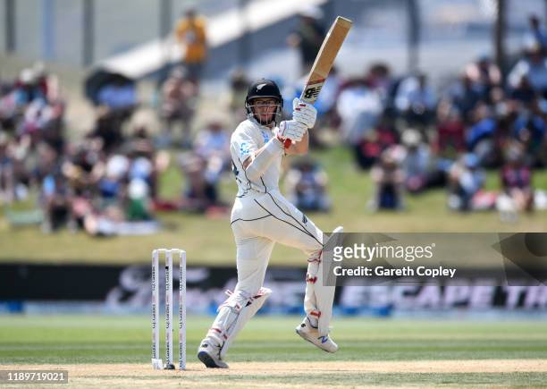 Mitchell Santner of New Zealand bats during day four of the first Test match between New Zealand and England at Bay Oval on November 24, 2019 in...