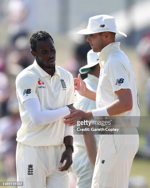 Stuart Broad and Jofra Archer of England during day four of the first Test match between New Zealand and England at Bay Oval on November 24, 2019 in...