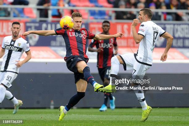 Mattias Svanberg of Bologna FC competes the ball to Antonino BArillà of Parma Calcio during the Serie A match between Bologna FC and Parma Calcio at...