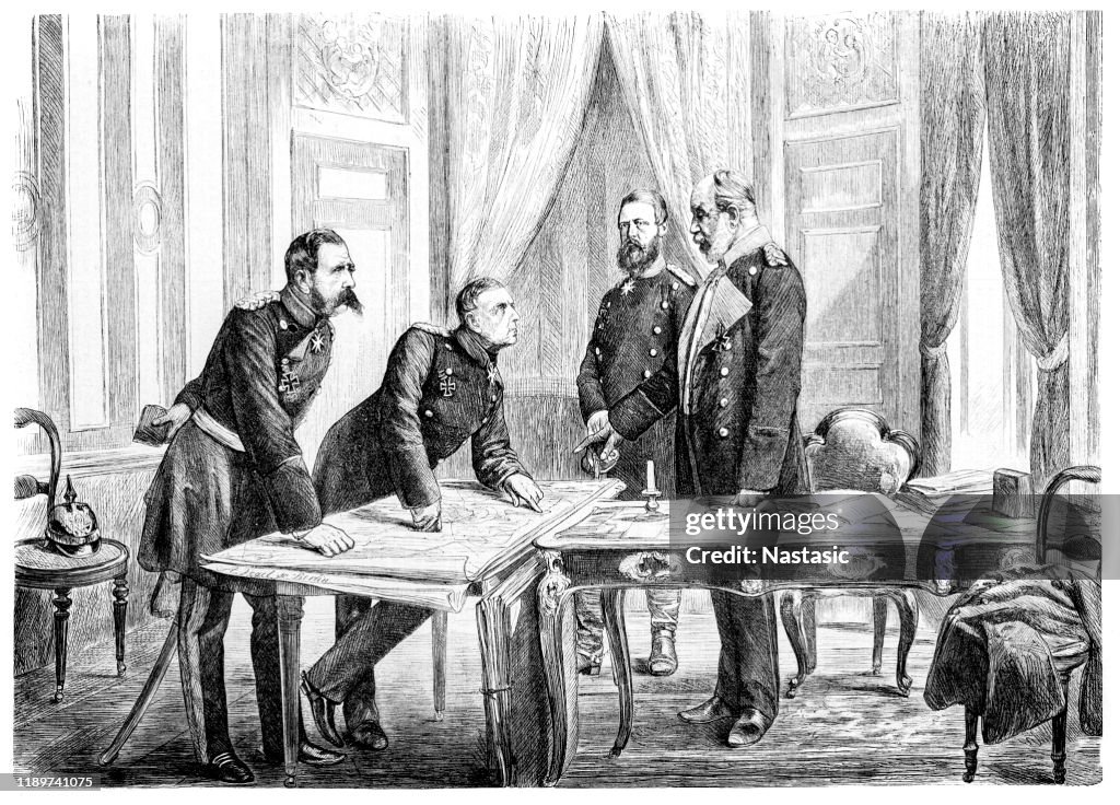 Military people in the Franco-Prussian War 1870 - 1871, A military lecture in Versailles with Wilhelm, German Crown Prince, King ,General Eugen Anton Theophil von Podbielski and General Moltke