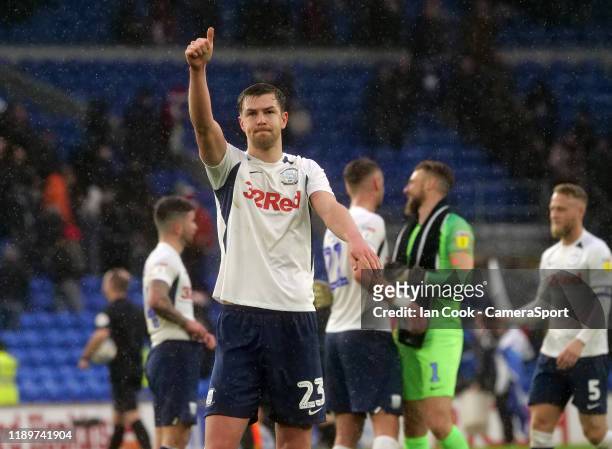 Preston North End's Paul Huntington applauds the fans at the final whistle during the Sky Bet Championship match between Cardiff City and Preston...