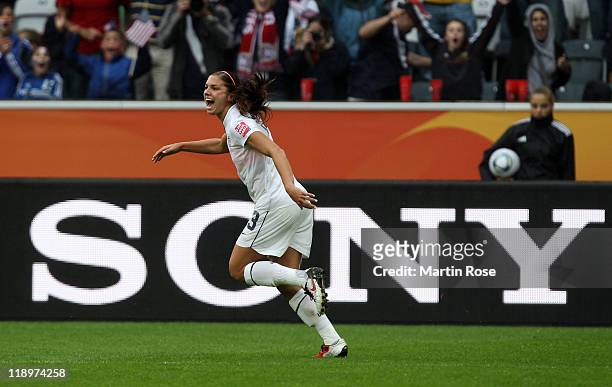 Alex Morgan of USA celebrates after she scores her team's 3rd goal during the FIFA Women's World Cup 2011 Semi Final match between France and USA at...
