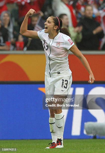 Alex Morgan of USA celebrates her team's 3rd goal during the FIFA Women's World Cup 2011 Semi Final match between France and USA at Borussia-Park on...
