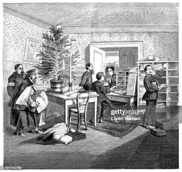 vintage post office mail room during christmas holidays - office party stock illustrations