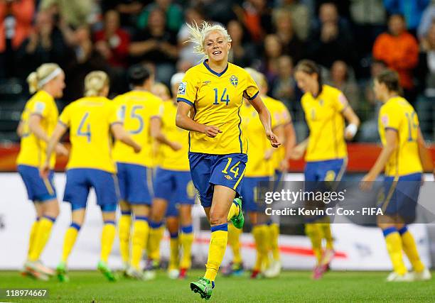 Josefine Oqvist of Sweden celebrates after scoring the first goal against Japan during the FIFA Women's World Cup Semi Final match between Japan and...