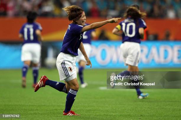 Nahomi Kawasumi of Japan celebrates the first goal during the FIFA Women's World Cup Semi Final match between Japan and Sweden at the FIFA World Cup...
