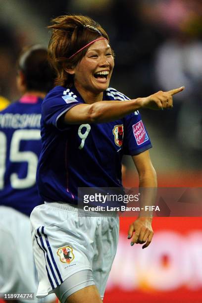 Nahomi Kawasumi of Japan celebrates after scoring his teams first goal during the FIFA Women's World Cup Semi Final match between Japan and Sweden at...