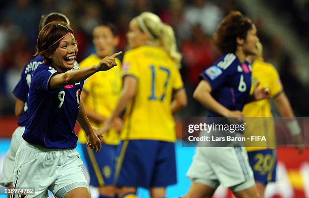 Nahomi Kawasumi of Japan celebrates after scoring his teams first goal during the FIFA Women's World Cup Semi Final match between Japan and Sweden at...