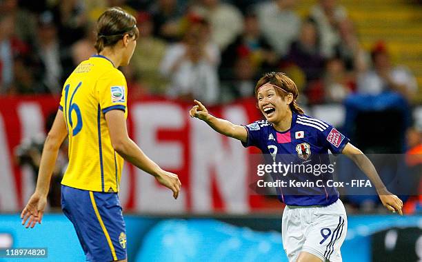 Nahomi Kawasumi of Japan celebrates after scoring against Sweden during the FIFA Women's World Cup Semi Final match between Japan and Sweden at the...