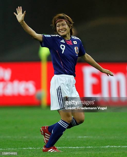 Nahomi Kawasumi of Japan celebrates after scoring her team's first goal during the FIFA Women's World Cup Semi Final match between Japan and Sweden...