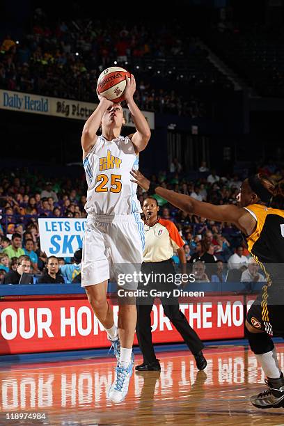 Angie Bjorklund of the Chicago Sky puts up a shot over Amber Holt of the Tulsa Shock during the WNBA game on July 13, 2011 at the All-State Arena in...